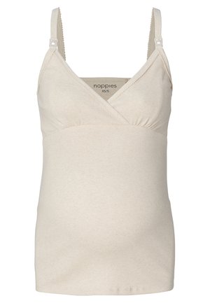 Top de maternité beige en tissu côtelé. Doté de bretelles ajustables et d'un design crois�é à l'avant avec un buste froncé pour plus d'élasticité.