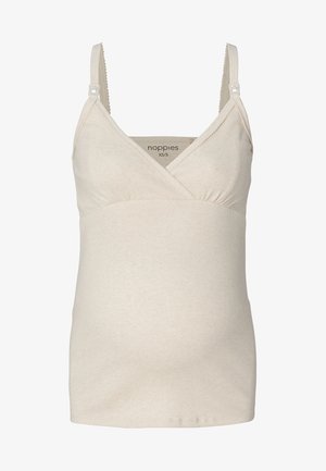Beige Umstands-Cami top aus geripptem Stoff. Verfügt über verstellbare Träger und ein gekreuztes Vorderdesign mit gerafftem Bustbereich für zusätzlichen Stretch.