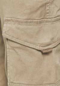 Gros plan sur une poche cargo en tissu beige avec un rabat et des coutures visibles sur un pantalon.