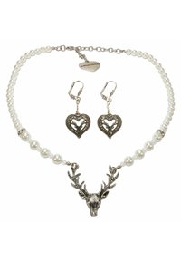 Perlenkette mit einem Anhänger in Form eines silbernen Rehkopfes. Passende herzförmige Ohrringe zeichnen sich durch filigrane Details und silberne Beschläge aus.