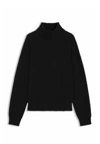 Schwarzer Rollkragenpullover aus weichem, strukturiertem Stoff. Verfügt über gerippte Bündchen und Saum, mit einer figurbetonten Silhouette und Raglanärmeln.