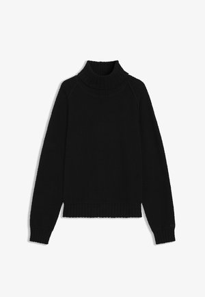 Black turtleneck sweater made of soft, textured fabric. Features ribbed cuffs and hem, with a fitted silhouette and raglan sleeves.