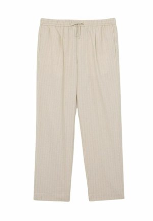Pantaloni beige con coulisse, sottili righe verticali, vita elastica e taglio a gamba dritta, adatti per un abbigliamento casual.