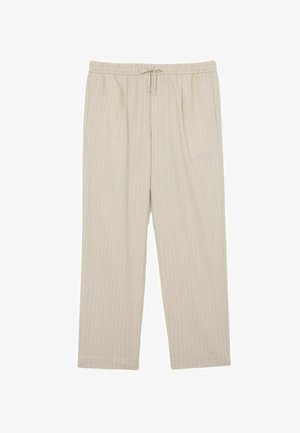 Beige Kordelzughose mit dezenten vertikalen Nadelstreifen, elastischem Bund und geradem Beinverlauf, geeignet für den lässigen Gebrauch.