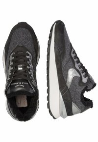 Black and gray athletic sneakers featuring a textured upper, mesh detailing, reflective accents, and a cushioned inner lining.