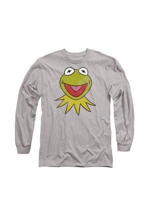 Langärmliges graues T-Shirt mit einem großen, cartoonartigen grünen Froschgesicht, weißen Augen, rotem Mund und gelben Kragenpunkten.
