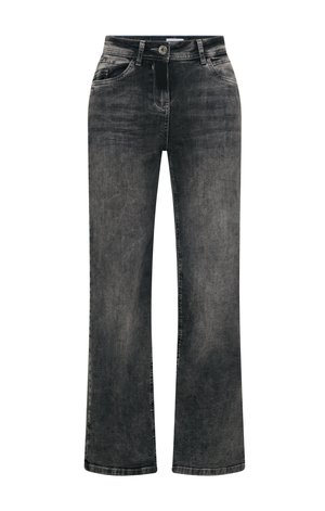 Jeans neri a zampa d'elefante con chiusura a bottone, cinque tasche e una finitura sbiadita. Il tessuto è denim con una superficie liscia.