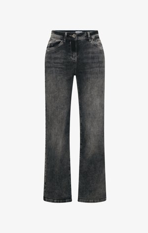 Black flared jeans with a button closure, five pockets, and a faded wash. The fabric is denim with a smooth texture.