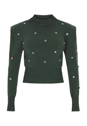 Pulover verde tricotat cu gât înalt, împodobit cu accente multicolore asemănătoare bijuteriilor, siluetă ajustată și margini ribbate la tiv și manșete.