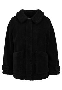 Czarna polarowa kurtka z kołnierzykiem, dwiema przednimi kieszeniami i podwiniętymi mankietami. Miękka faktura z lekko oversize'owym krojem.