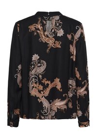 Zwarte blouse met lange mouwen, versierd met een paisleyprint in goud en lichtgrijs, met een knoopsluiting aan de achterkant en manchetmanchetten.