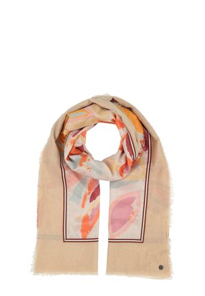 Leichte, beigefarbene Schal mit abstrakten Blumenmustern in Rosa, Orange und Blau. Mit einem bordauxfarbenen Rand und Fransen an den Rändern verziert.
