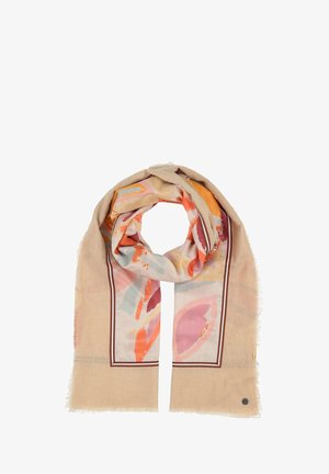 Kerge, beež sall, millel on abstraktsed lillemustrid roosas, oranžis ja sinises. Ääristatud tumepunase servaga ja franjeäärtega.