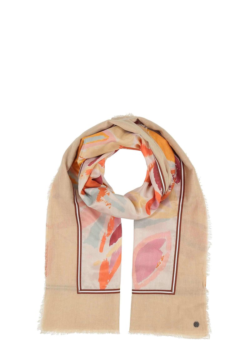 Bufanda ligera de color beige con patrones florales abstractos en rosa, naranja y azul. Con borde color burdeos y flecos en los extremos.