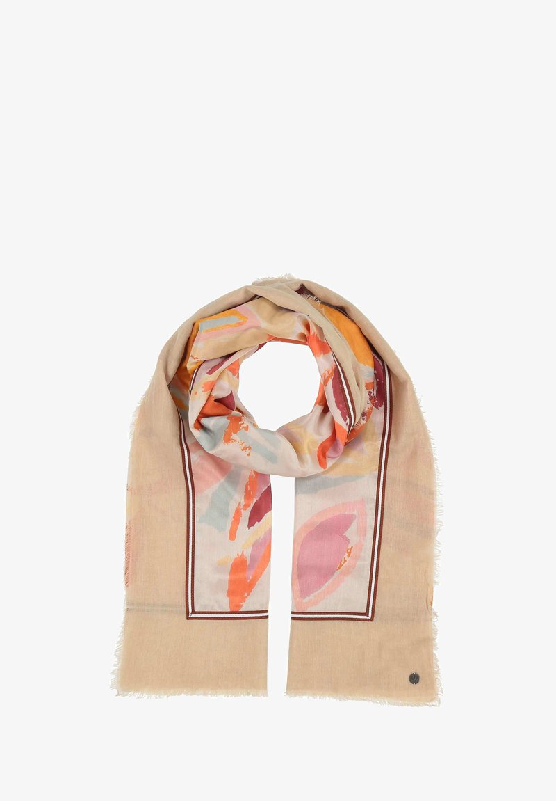 Bufanda ligera de color beige con patrones florales abstractos en rosa, naranja y azul. Con borde color burdeos y flecos en los extremos.