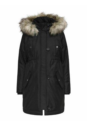 Črna parka jakna s kapuco obloženo z krznom, z gumbi za zapiranje, stranskimi žepi in nastavljivim pasom za prilagojen fit.