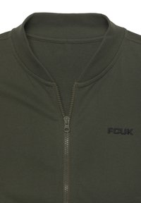 Olive green jacket with a ribbed collar, full-length zipper, and embroidered FCUK logo in black. Fabric appears smooth and slightly textured.