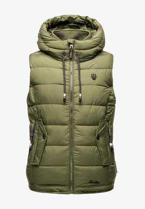 Olivgrünes Puffer-Weste mit Kapuze, Frontreißverschluss, zwei Seitentaschen und einem kleinen Logo auf der Brust. Glatte, gesteppten Textur.