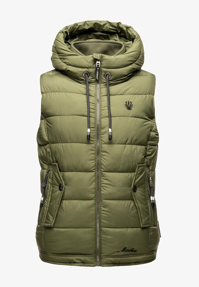 Olīvu zaļš pūkains bezmugurs veste ar kapuci, priekšējais rāvējslēdzis, divas sānu kabatas un neliels logo uz krūškurvja. Gluda, izšūta tekstūra.