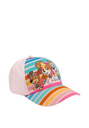 Pink children's cap with colorful diagonal stripes and three animated puppy characters wearing helmets and collars on the front panel.