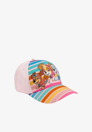 Cappellino rosa per bambini con strisce diagonali colorate e tre personaggi animati di cuccioli con caschi e collari sulla pannello frontale.