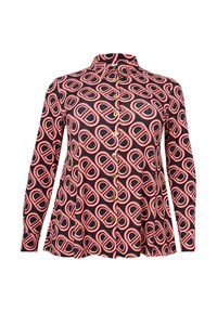 Langärmliges Hemd aus schwarzem Stoff mit einem auffälligen geometrischen Muster in Rot und Weiß, goldenen Knöpfen und einem spitzen Kragen.