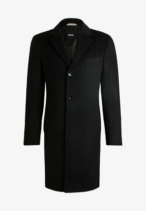 Lang sort uldfrakke med dobbeltradet klap, treknaplukning og brystlomme. Glat tekstur, skræddersyet design og minimalistisk stil.