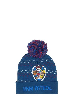 Blue knitted beanie featuring a red and blue pom-pom, with a "Paw Patrol" logo patch and wavy pattern accents in lighter colors.