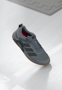 Grå atletisk sko med mesh-overdel, gummisål og sorte sidelister. Har en rød inderside og en forstærket hælflap.