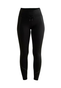 Leggings atletice negre cu talie înaltă, detalii cu șnur și accente de cusături laterale pentru un siluetă ajustată. Textură netedă pe toată lungimea.
