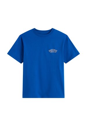 Camiseta azul de manga corta con cuello redondo y pequeño logo de Vans "Off The Wall" en el pecho izquierdo.