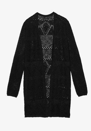 Cardigan noir à ouverture frontale en tissu tricoté, présentant un motif texturé avec des motifs géométriques et des manches longues.