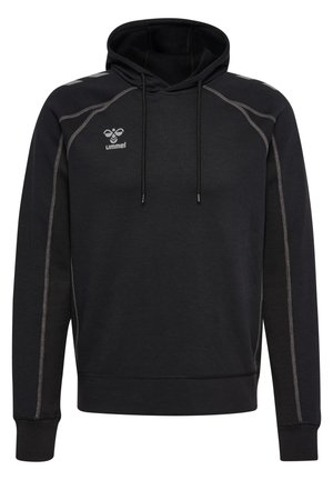 Sort hættetrøje med lange ærmer, snore, kontrastsyning og lille hvid "hummel" bi-logo på venstre bryst.