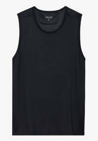 Camisola preta sem mangas feita de tecido respirável. Apresenta um decote redondo e corte reto, com costuras reforçadas nas bordas.