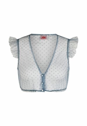 Blouse blanche transparente courte à pois bleus, manches courtes volantées, col en V, et fermeture à boutons sur le devant.