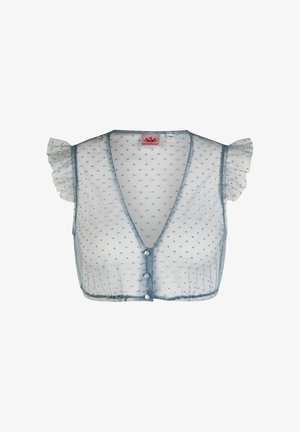 Blouse blanche transparente courte à pois bleus, manches courtes volantées, col en V, et fermeture à boutons sur le devant.