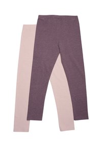 Twee paar leggings: eentje in lichtbeige en eentje in donkerpaars. Beide hebben een gladde textuur en een eenvoudig ontwerp, zonder zichtbare patronen.