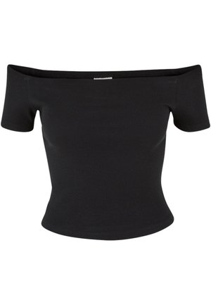 Top nero senza spalle realizzato in tessuto a coste, con maniche corte e design aderente, caratterizzato da una texture liscia e linee pulite.
