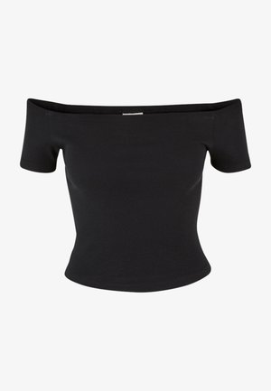 Svart off-the-shoulder topp laget av ribbet stoff, med korte ermer og en tettsittende design, med en jevn tekstur og rene linjer.