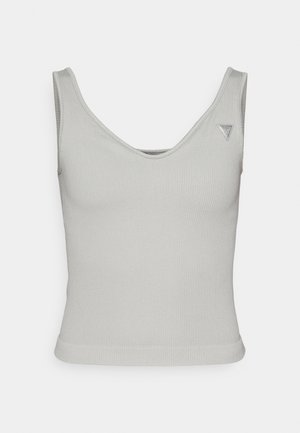 Light grey ribbed tank top with a scoop neckline, fitted shape, and narrow shoulder straps; features a small logo label on the upper right.