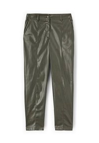 Oliwkowe, ekoskórzane spodnie o dopasowanym kroju, z zapięciem na guziki i dwiema bocznymi kieszeniami. Charakteryzują się gładką, błyszczącą teksturą.