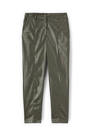Olivengrønne bukser i faux læder med slim fit, knaplukning og to sidelommer. Har en glat, shiny overflade.