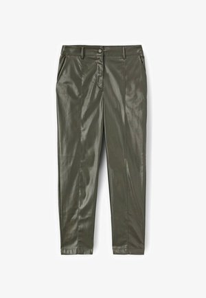 Olivengrønne bukser i faux læder med slim fit, knaplukning og to sidelommer. Har en glat, shiny overflade.