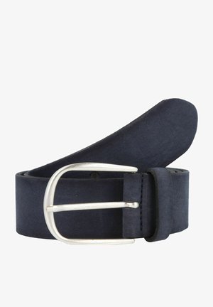 Marineblauer Lederbelt mit glatter Textur, ausgestattet mit einer silbernen Metallschnalle und einem verjüngten Enddesign. Gestickte Akzente im Schnallenbereich.