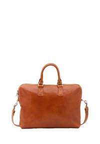 Borsa per laptop in pelle marrone con due manici superiori, una tracolla removibile, texture liscia e chiusura con zip. Presenta dettagli di cucitura minimi.