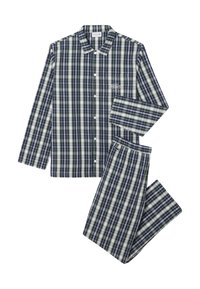 Set di pigiama da uomo in fantasia a quadri blu navy, verde e bianco. Include una camicia con bottoni a maniche lunghe e pantaloni coordinati, entrambi con un motivo a quadri.