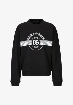 Schwarzer Sweatshirt mit Rundhalsausschnitt, gerippten Bündchen und Saum. Mit weißem "DOLCE & GABBANA"-Text und Logo auf der Vorderseite. Weicher Stoff.