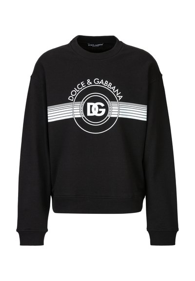 Zwarte sweatshirt met een ronde halslijn, ribgebreide manchetten en zoom. Voorzien van witte tekst "DOLCE & GABBANA" en logo op de voorkant. Zacht materiaal.