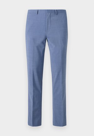 Pantaloni de costum bleu deschis, croiți pe măsură, cu țesătură texturată, față plată, buzunare laterale înclinate și un talie netedă cu bucle pentru curea.