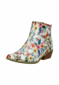 Bottine à motif floral avec fleurs multicolores, talon bas en bois, bout arrondi et finition brillante texturée.